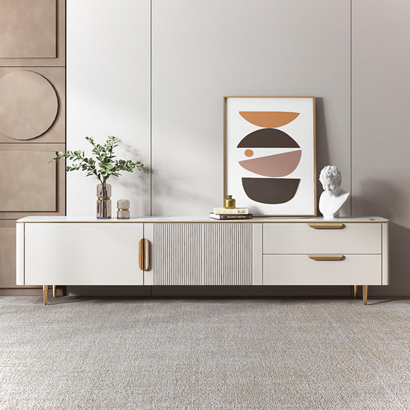 Light Luxury Modern Style White Gold Edge Marble TV Cabinet S1