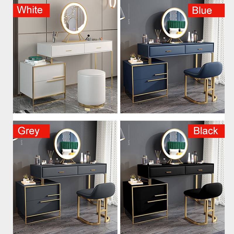 Light Luxury Style Simple Blue Leather Gold Plated Frame Dressing Table And Chair Combination