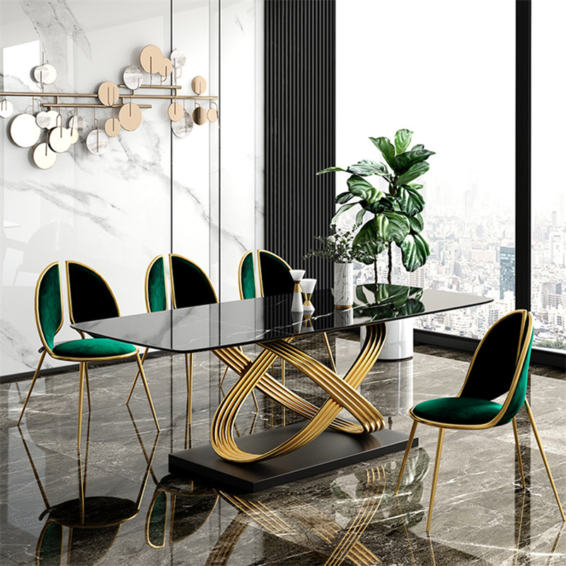 Light luxury Style Marble Slab Gold-plated Stainless Steel Base Dining Table X