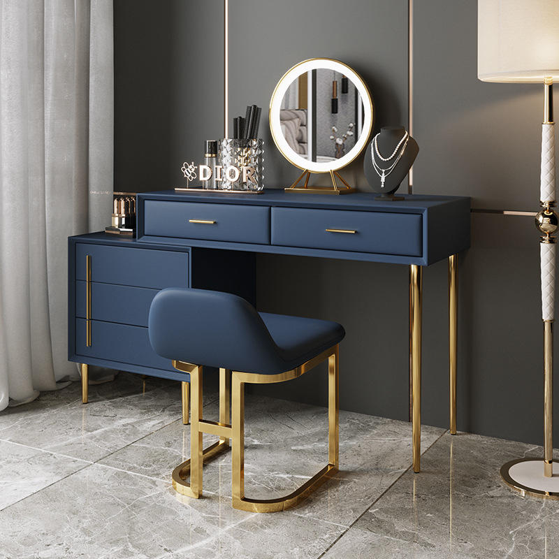 Light Luxury Style Simple Blue Leather Gold Plated Frame Dressing Table And Chair Combination 2productInfoLeftImg