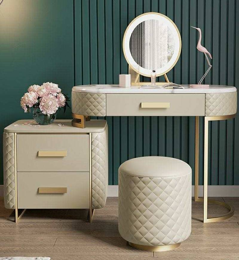 Light Luxury Style Modern Slate Leather Gold Plated Frame Dressing Table And Chair Combination