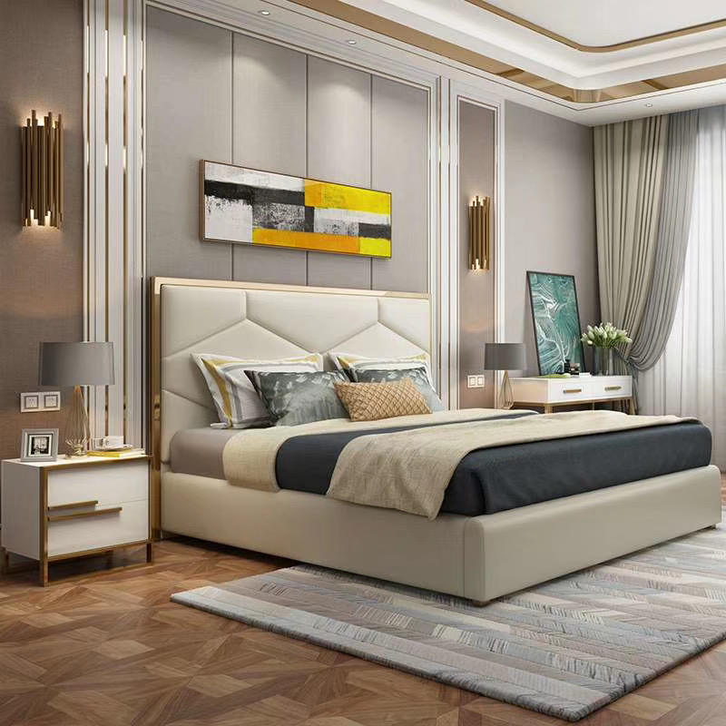 Light Luxury Style Leather Gold Edging Rhombus Upholstered Bed