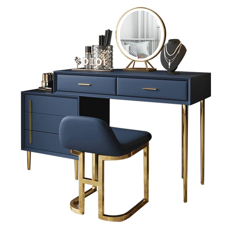 Light Luxury Style Simple Blue Leather Gold Plated Frame Dressing Table And Chair Combination 2