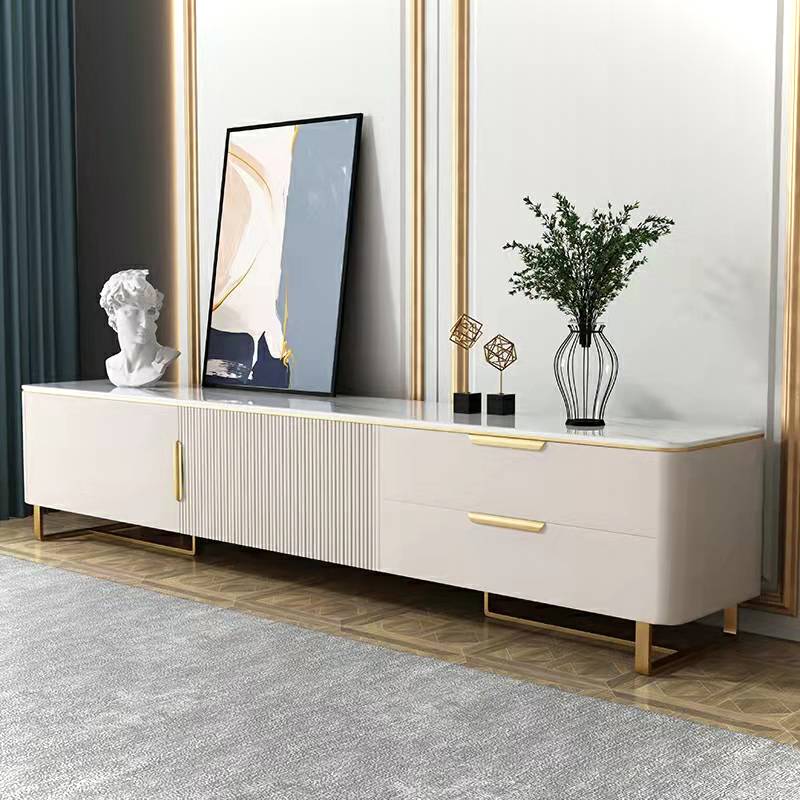 Light Luxury Modern Style White Gold Edge Marble TV Cabinet S2
