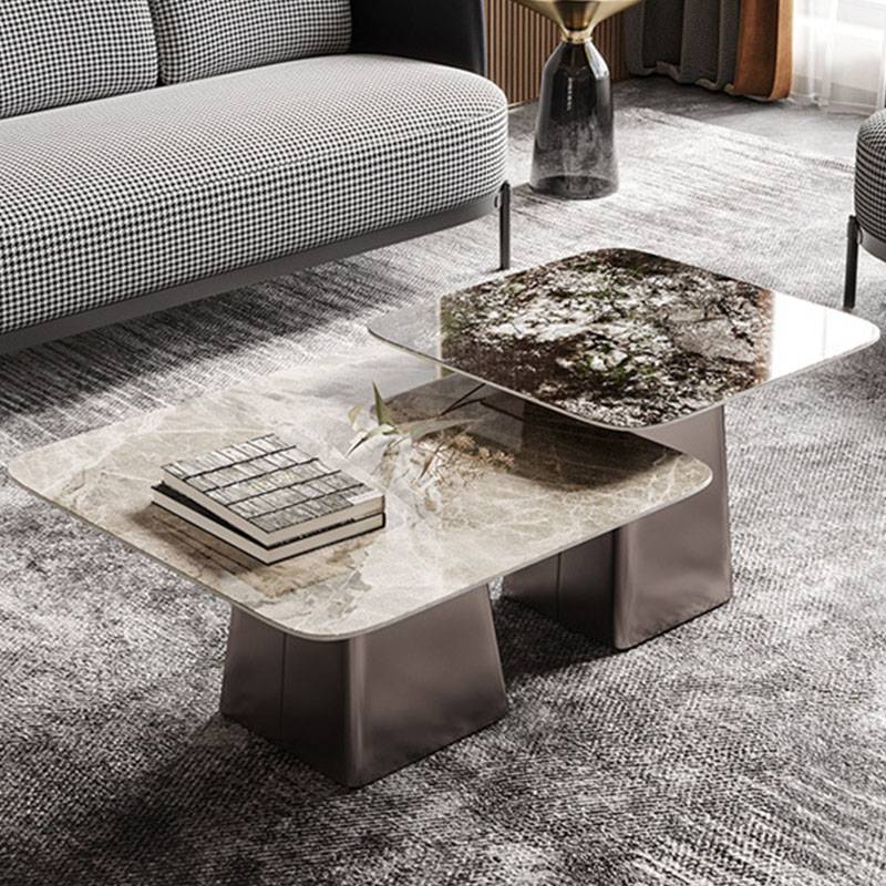 Light Luxury Style Modern Italian Minimalist Rock Slab Stainless Steel Double Square Coffee Table