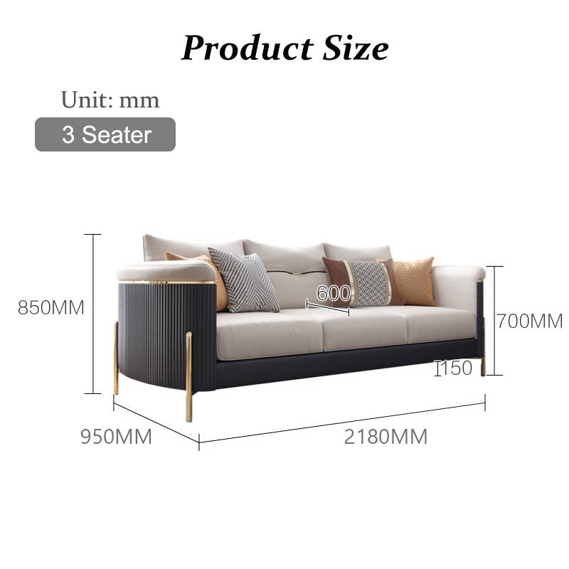 Light Luxury Style Black Gold Edging Leather 3 Seater Sofa