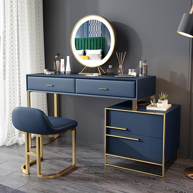 Light Luxury Style Simple Blue Leather Gold Plated Frame Dressing Table And Chair Combination