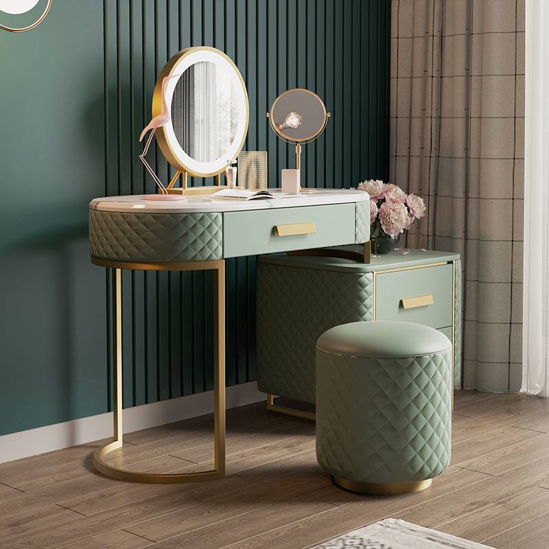 Light Luxury Style Modern Slate Leather Gold Plated Frame Dressing Table And Chair Combination