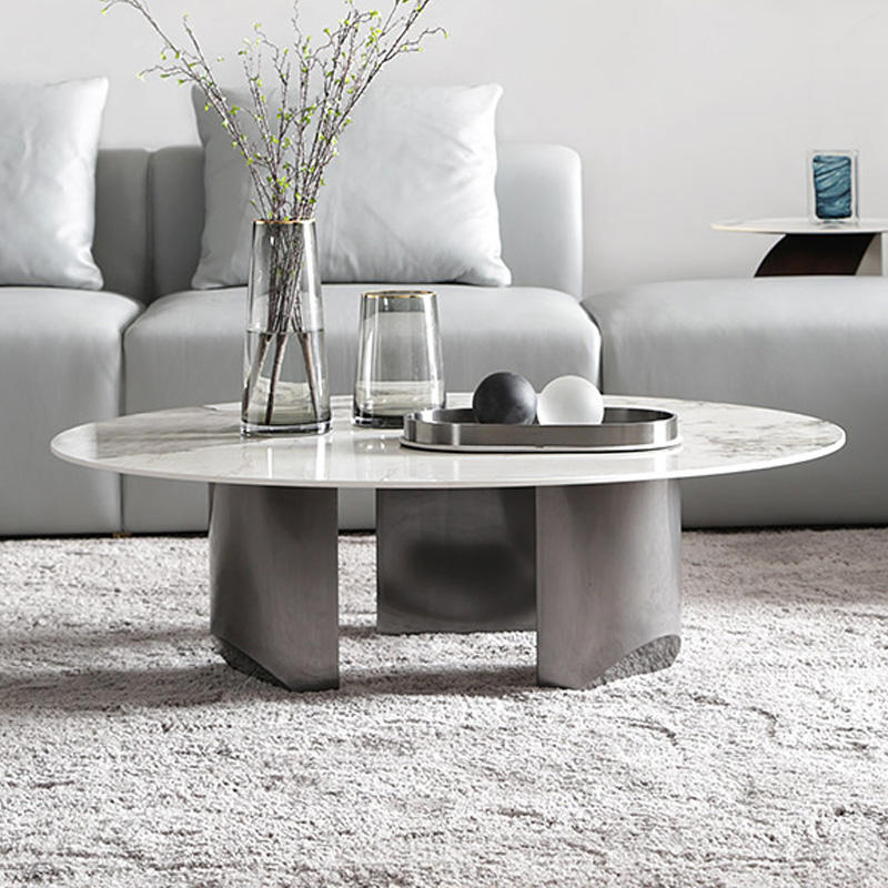 Light Luxury Style Modern Italian Minimalist Rock Slab Stainless Steel Round Coffee Table