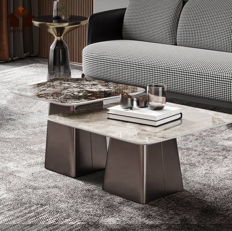 Light Luxury Style Modern Italian Minimalist Rock Slab Stainless Steel Double Square Coffee Table