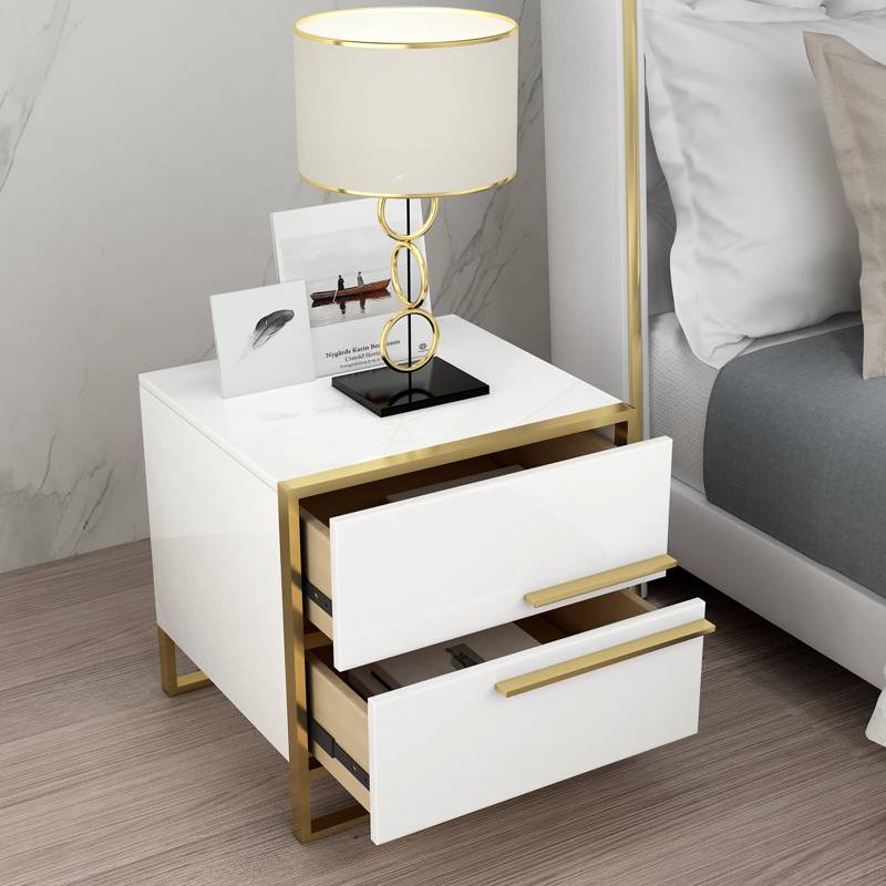 Light Luxury Style White Gold Edge Line Elements Bedside Table