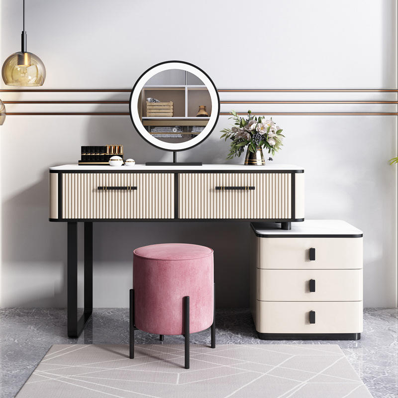 Light Luxury Style Modern Painted Board Black Frame Rock Slab Dressing Table And Chair Combinat