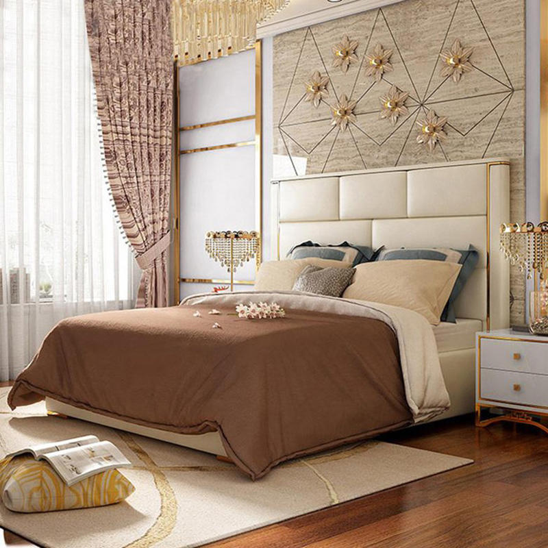 Light Luxury Style Leather Gold Edging Rectangle Upholstered Bed